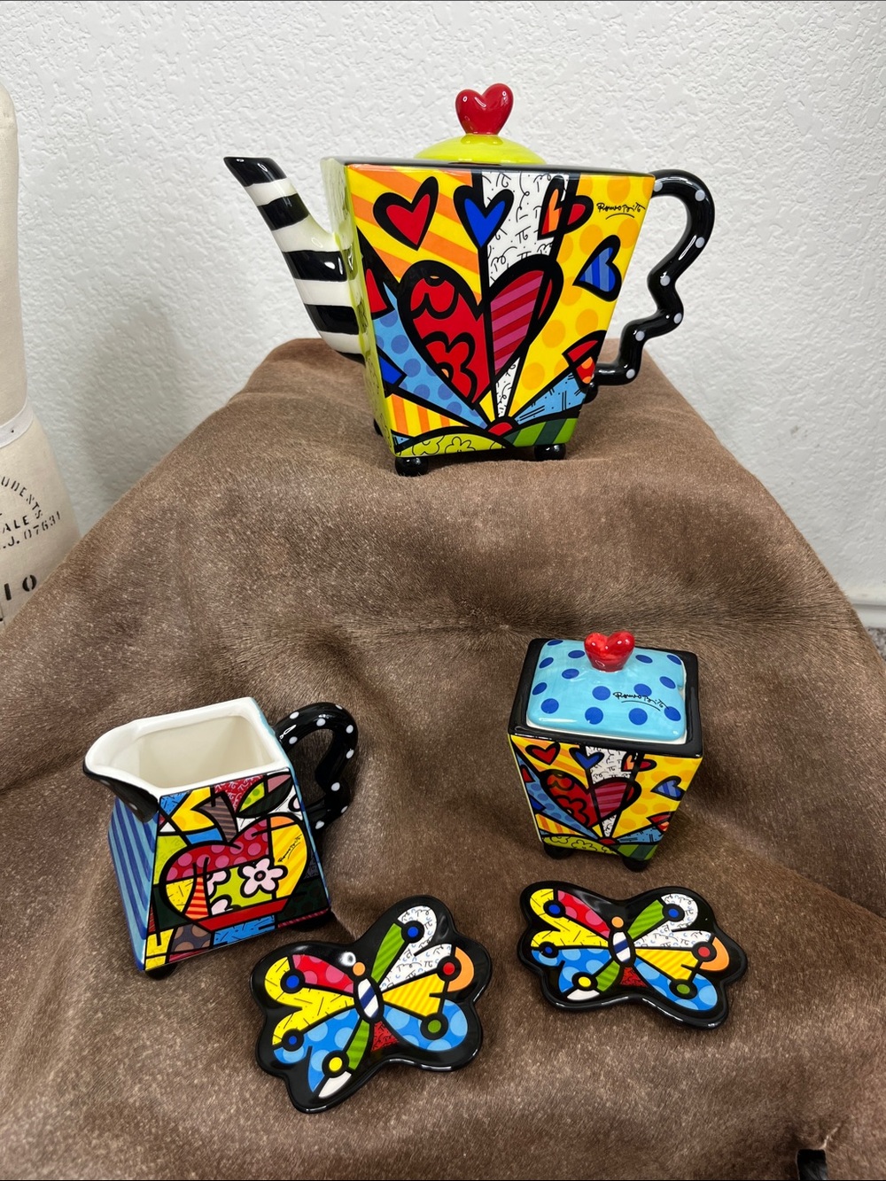 Britto Square Teapot Set A New Day Sugar Jar, Creamer, Spoon Rests Butterfly DIS